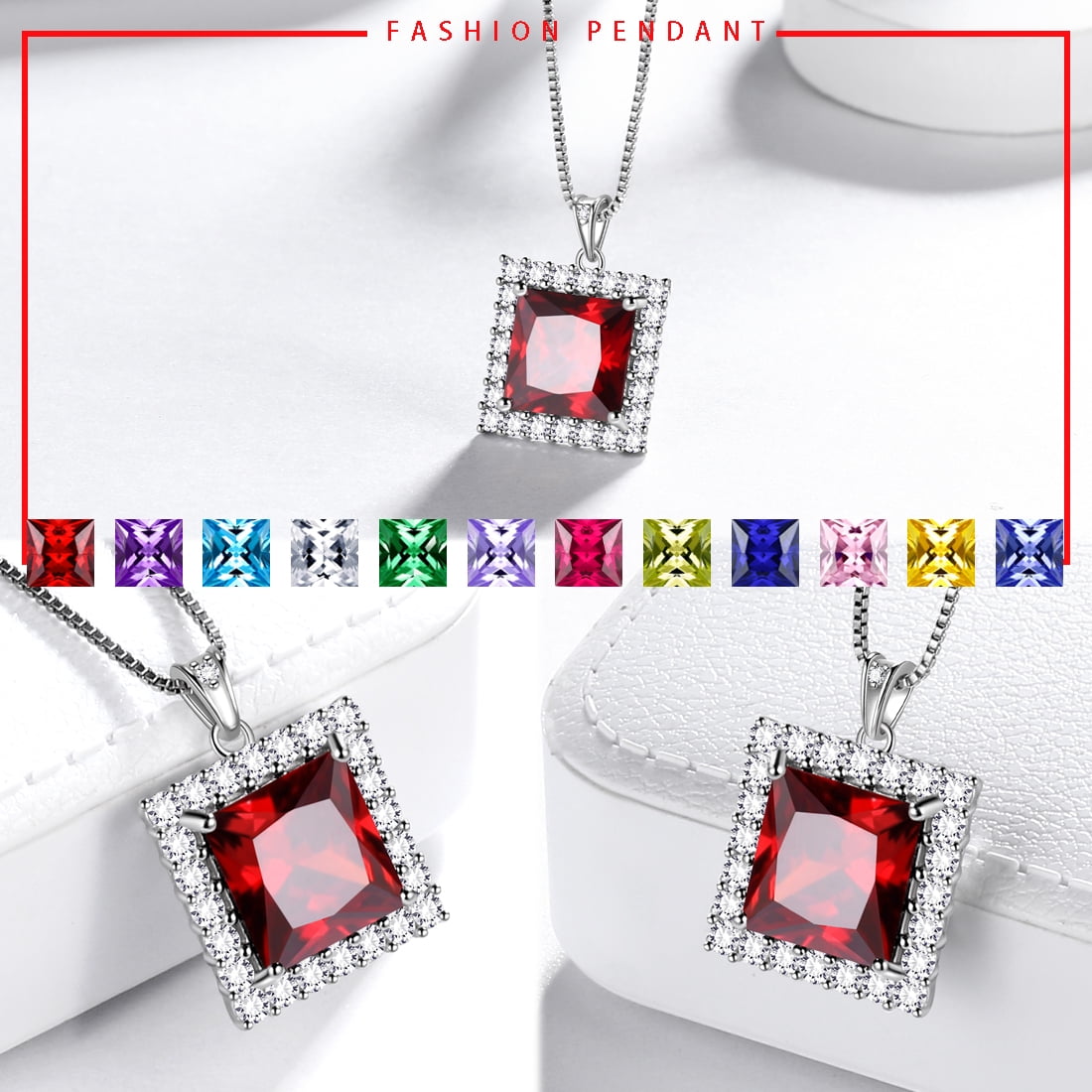 6 Carat January Birthstone Necklace Garnet Pendant Princess Cut Red CZ 925 Sterling Silver Jewelry Women Birthday Christmas Mother's Day Gift Juwaliy