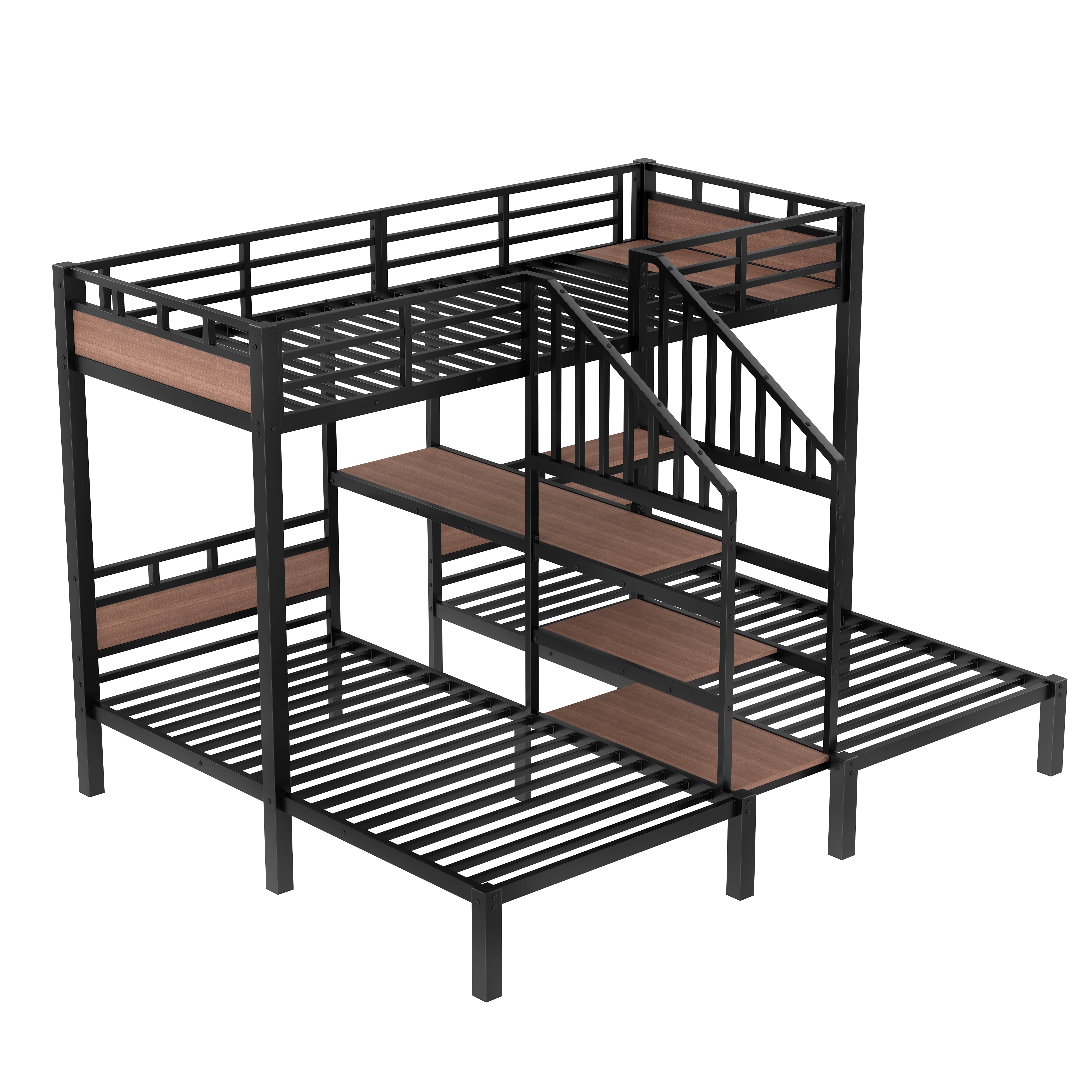 Triple Bunk Bed, Metal Bunk Bed, Twin over Twin over Twin with Storage Shelves, Headboard Shelf, Storage Stairs, Guardrails, 300 Lbs Each, Black for Kids Bedroom Dorm Hostel