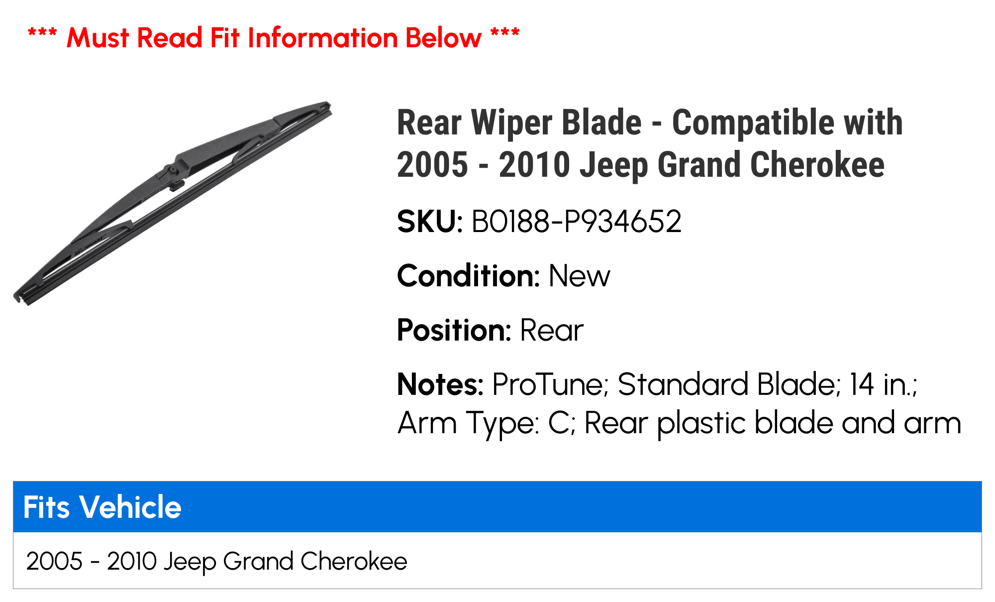 Rear Wiper Blade - Compatible with 2005 - 2010 Jeep Grand Cherokee 2006 2007 2008 2009