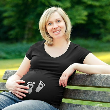 

TOTO Women Maternity Short Sleeve Baby Feet Heart Print T-Shirt Cartoon Graphic Tops