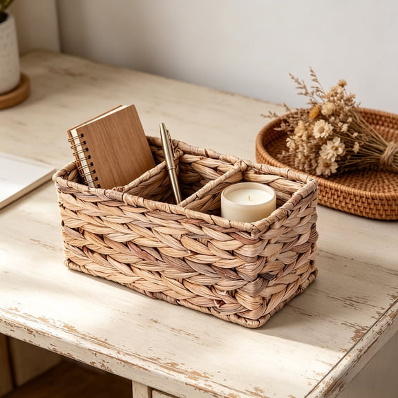 NWOKYZGH Small Wicker Basket for Organizing with 3-Section, Natural Water Hyacinth Storage Baskets with Dividers for Pantry Shelves