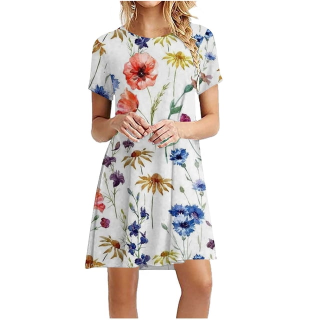 pstuiky Maxi Dresses pour Femmes, Women's Summer Robe Décontractée à Manches Courtes et Col Rond Imprimée pour la Journée de l'Indépendance Dresses en Solde