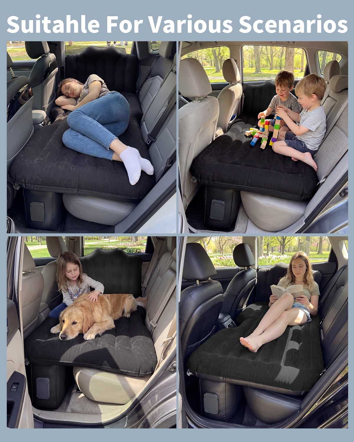 Back Seat Car Air Mattress: Cordless Inflatable SUV Car Camping Bed for Truck Van with Built-in Air Pump, Thickened Double-Sided Flocking Travel Car Sleeping Pad