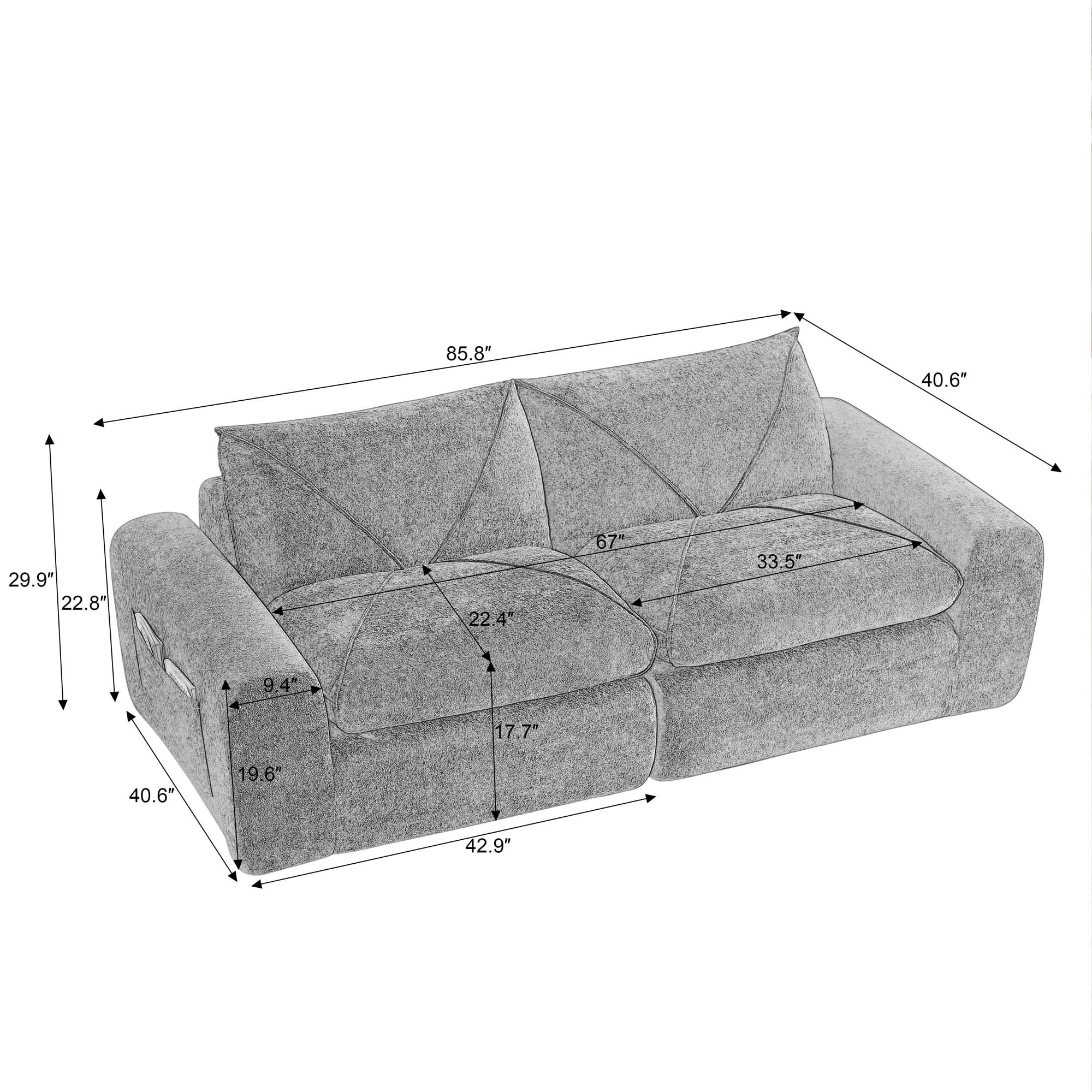 Miniyam 86" x 40" Dark Gray 2-Seater Sofa, Modular & Expandable to L-Shape or U-Shape with Optional Ottoman/Chaise