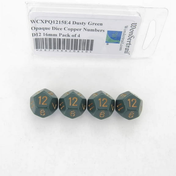 Dusty Green Opaque Dice with Copper Numbers D12 Aprox 16mm (5/8in) Pack of 4 Wondertrail