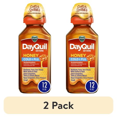 (2 pack) Vicks DayQuil SEVERE Cold & Flu Liquid, Cold and Flu Medicine for Adults, Honey, 12 fl oz