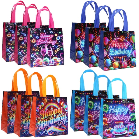 9" Reusable Birthday Gift Bags Medium, 12 Pack Non-Woven Favor with Handles for Birthday Party Supplies to Boy Girls Kids