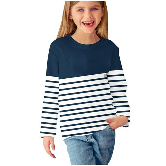 Mikilon Kids Pullover Tops Size 4-14 Boys and Girls Long Sleeve Color Block and Striped T-shirts Cute Round Neck Clothes Casual Fall Kids Clothes