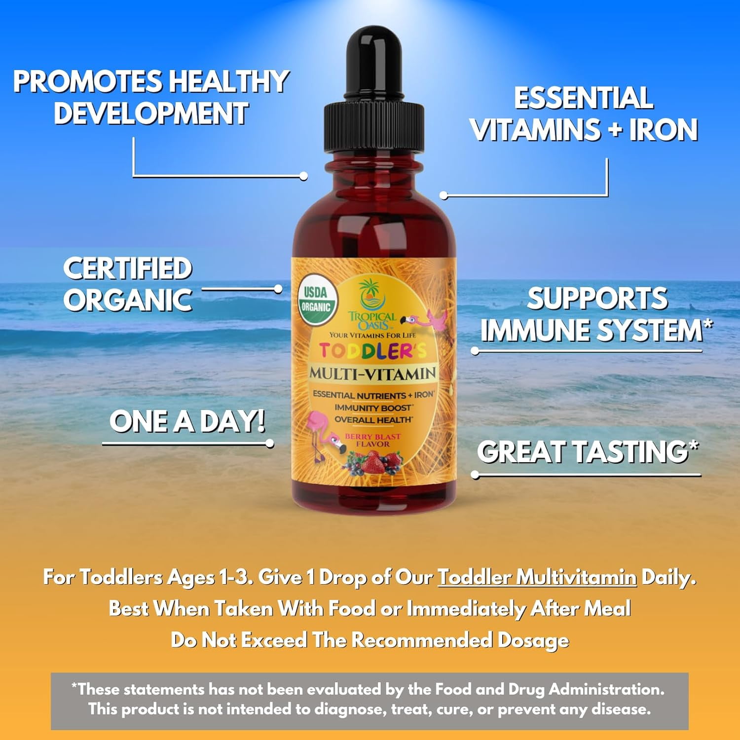 Tropical Oasis Liquid Multivitamin Drops for Toddlers Ages 1-3, for Immunity Support, Cognitive Function, and Overall Wellness, Tropical Berry Blast Flavor, 2 fl oz, 30 Servings
