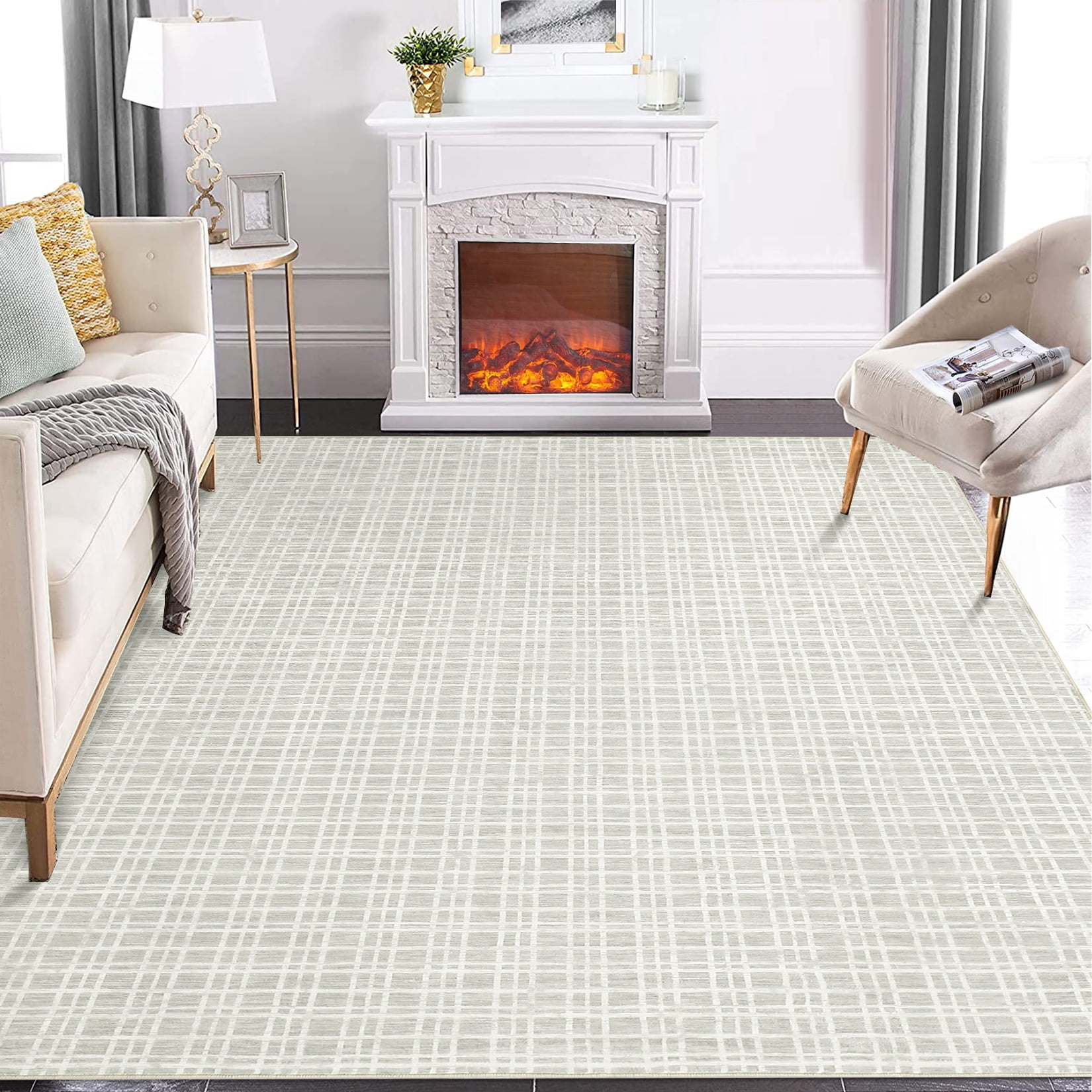 HOMERRY Area Rugs 8' x 10' Area Rug for Living Room Modern Plaid Washable Bedroom Non-Slip Carpet for Home Decor, Light Gray