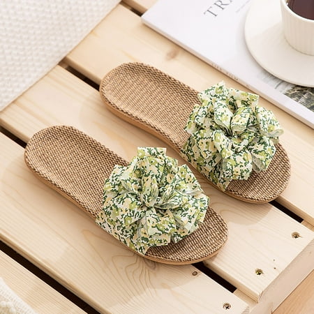 

〖Yilirongyumm〗 Green 35-36 Sandals Women Slippers For Women Female Flower Decoration Upper Slippers Bohemia Linen Slippers Flip Flops Beach Shoes Flax Sandals