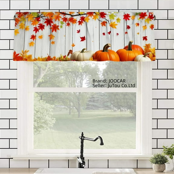 JOOCAR Autumn Leaves Pumpkins Polyester Window Valance Curtain for Home Kitchen Living Room Bedroom Bathroom Decor 54x18 inch