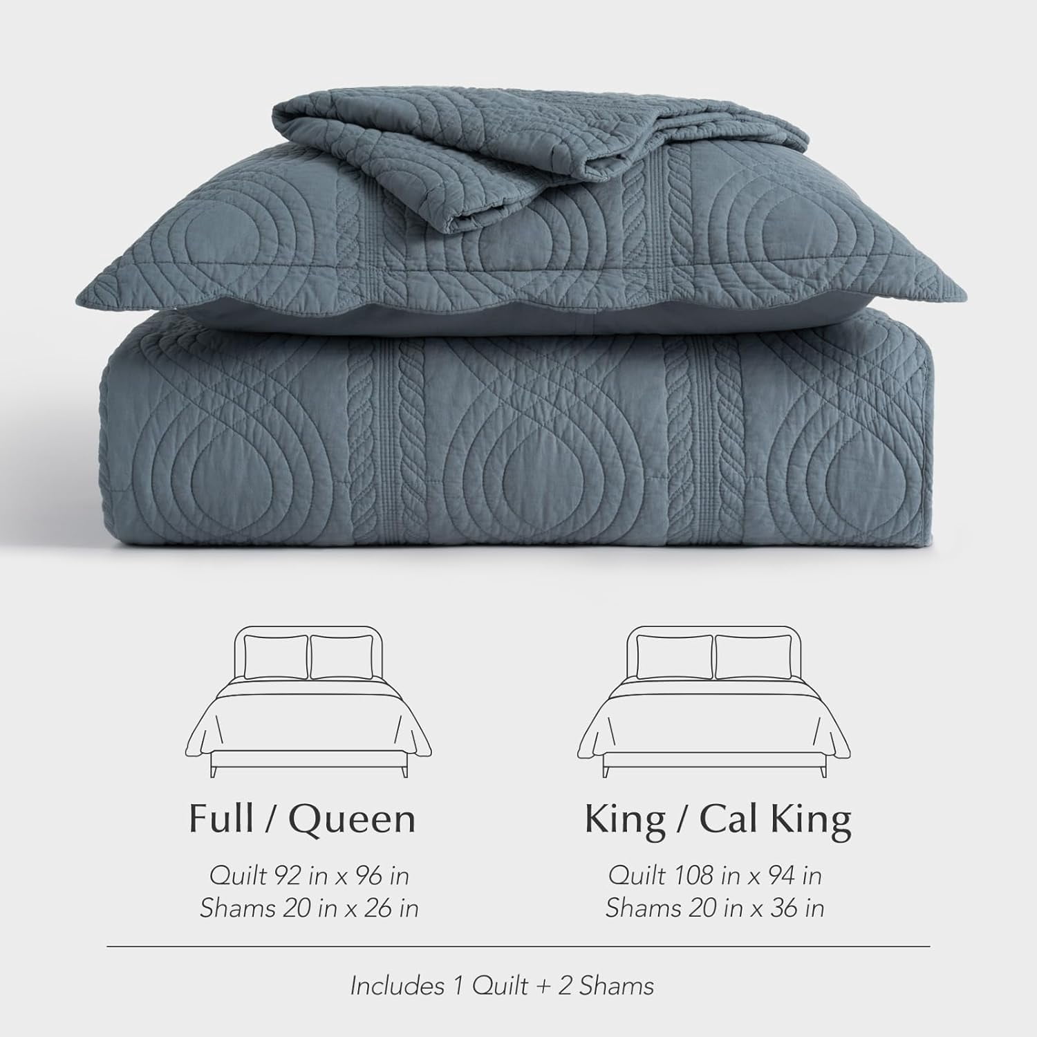 EVERGRACE 100% Cotton Scallop Quilt Set, King Size 3 Piece Set – Lightweight Bedspread with 2 Shams, Soft Prewashed Matelasse Coverlet for Cozy and Elegant Bedding, Stormy Blue