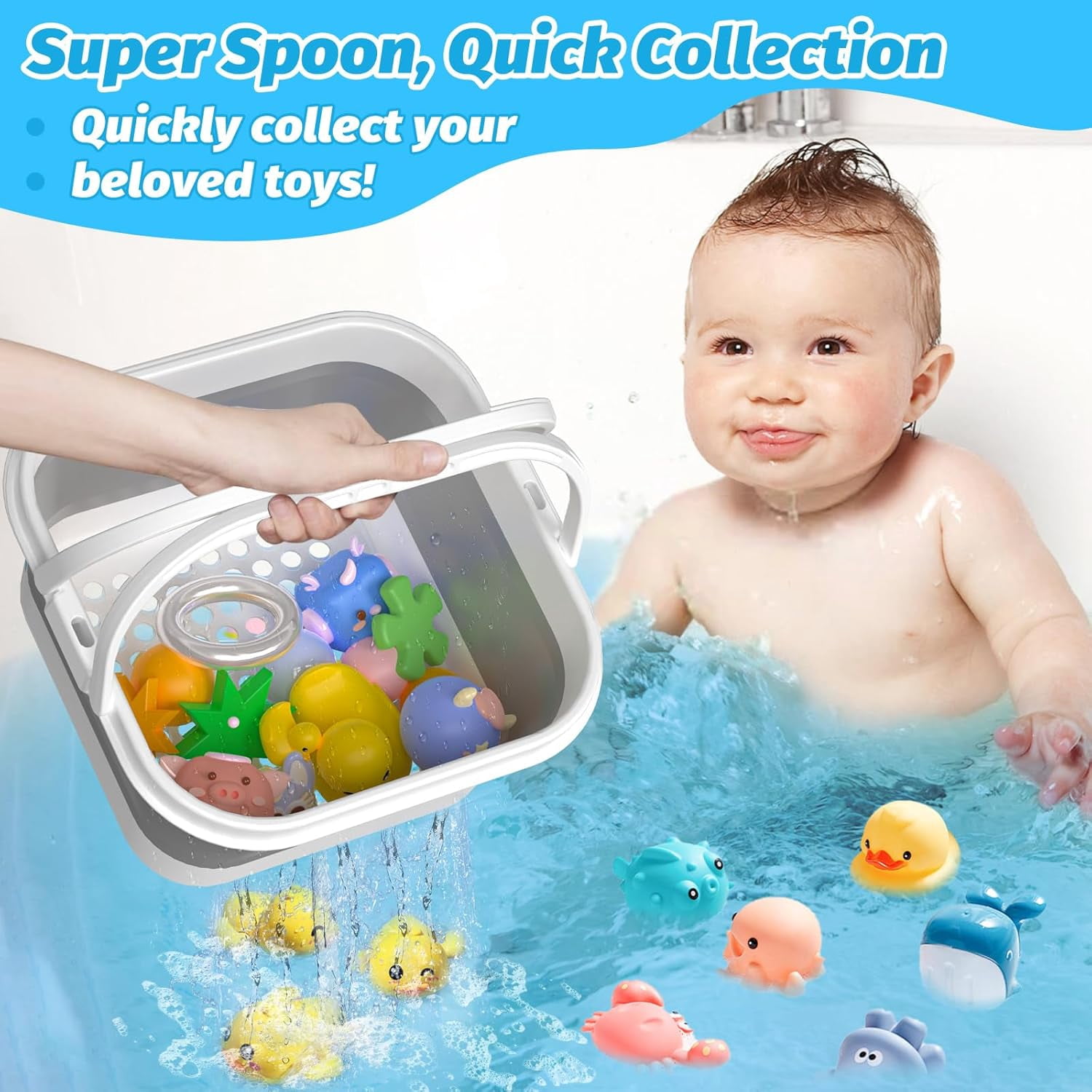 LC-dolida Bath Toy Storage Organizer, Foldable Bathtub Toy Holder Storage with Removable Base for Draining Drying, Bathroom Shower Toy Holder Baby Bath Toy Basket for Easy Storage (Gray)