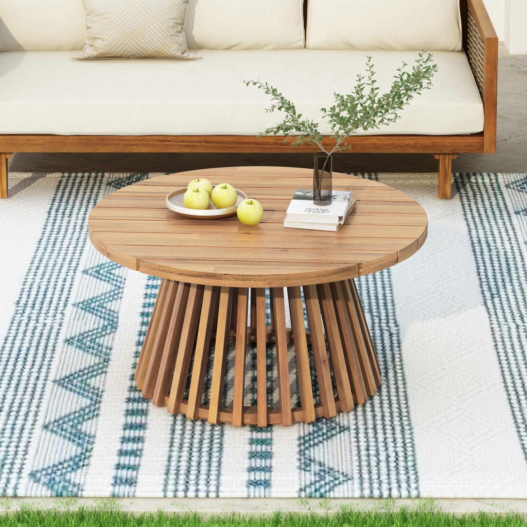 Outdoor Acacia Wood Coffee Table, 31.5" Round Patio Coffee Table for Backyard Balcony Lawn, Weather Resistant Wood Table, Light Teak