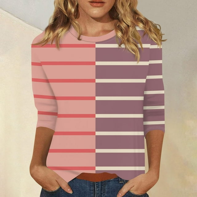 RXIRUCGD T-shirt à Rayures pour Femme à Col Ras du Cou à Manches 3/4, Rose, Taille : M