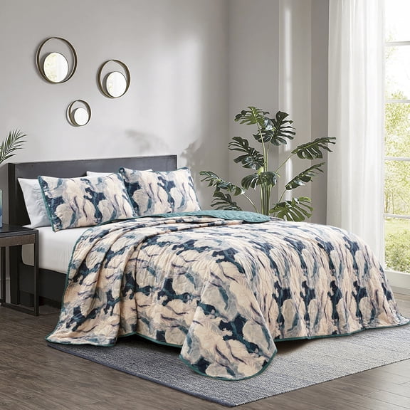 Reversible 3-Piece Bedspread Set - Abstract Watercolor Pattern - Lightweight Soft Microfiber Bedding for All Seasons (Riva, Queen)