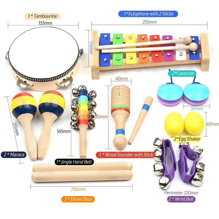 Carevas 13 PCS Musical Instruments with Carry Bag Colorful Wooden  Percussion Instruments Early Education Gifts for Toddlers Preschool Girls  Boys