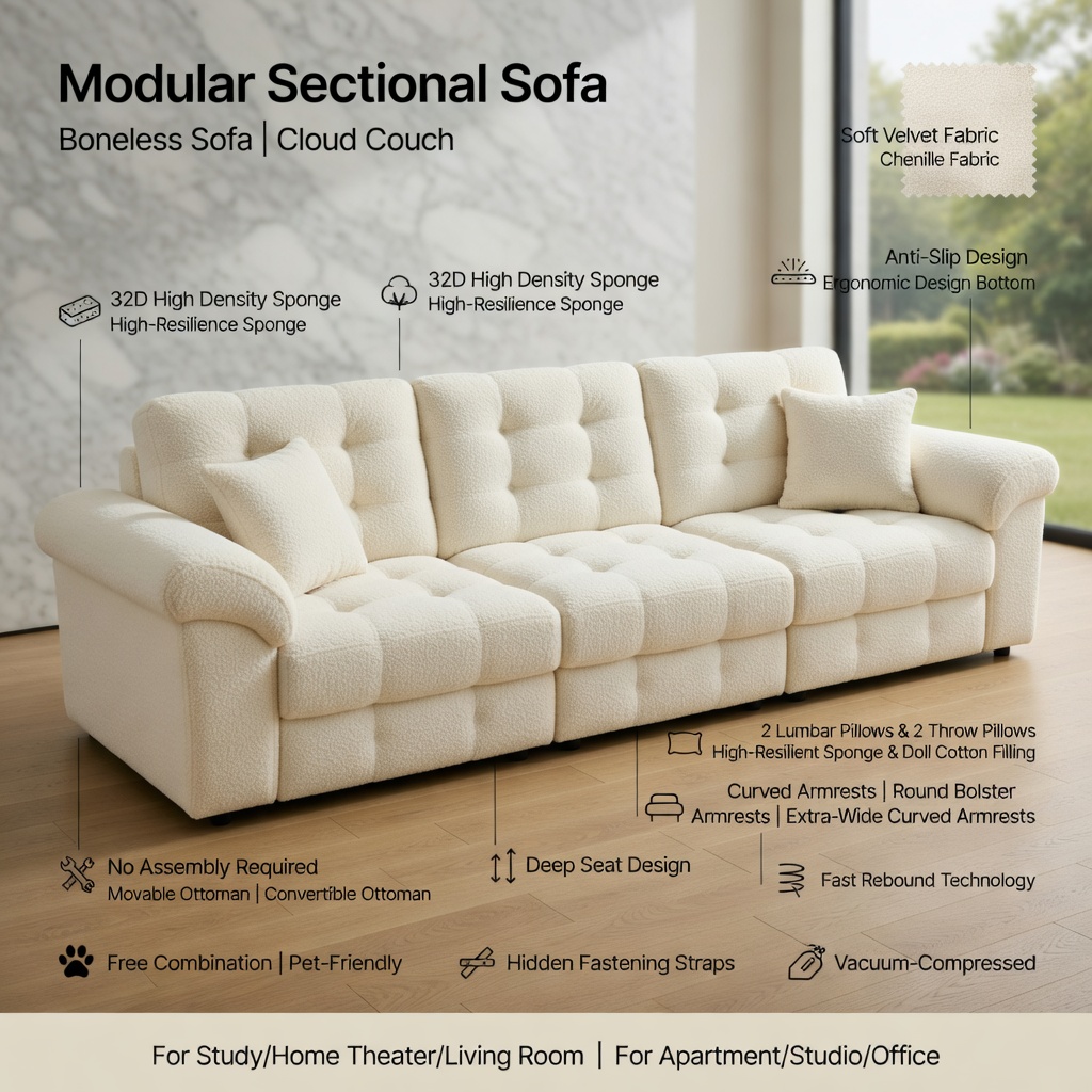 Hommoo Teddy Fleece 3-Seat Modular Sofa Set, Cloud-Like Softness, Curved Backrest & Lumbar Support, 3-Seater Couch with Double-Layer Cushions, Beige