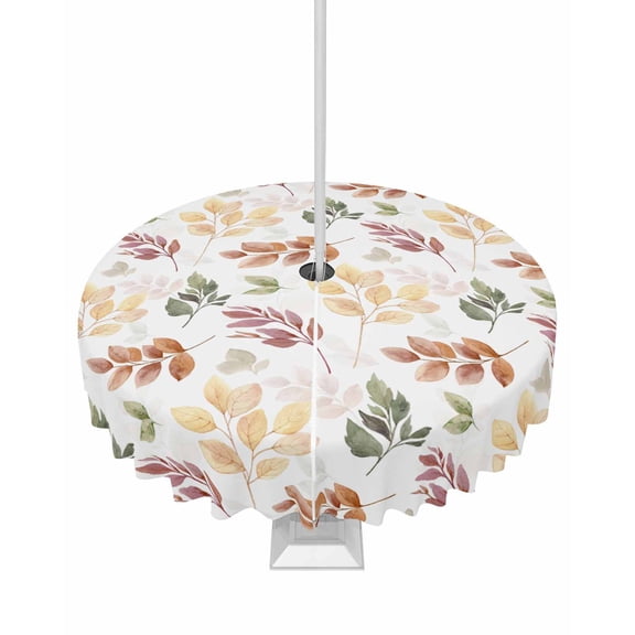 Fsddascl Orange Green Yellow Botanical Outdoor Tablecloth - 60 Inch Round Dining Table Cover, Fall Maple Leaf Waterproof Outdoor Table Cloth with Umbrella Hole & Zipper for Picnic/Patio/Party
