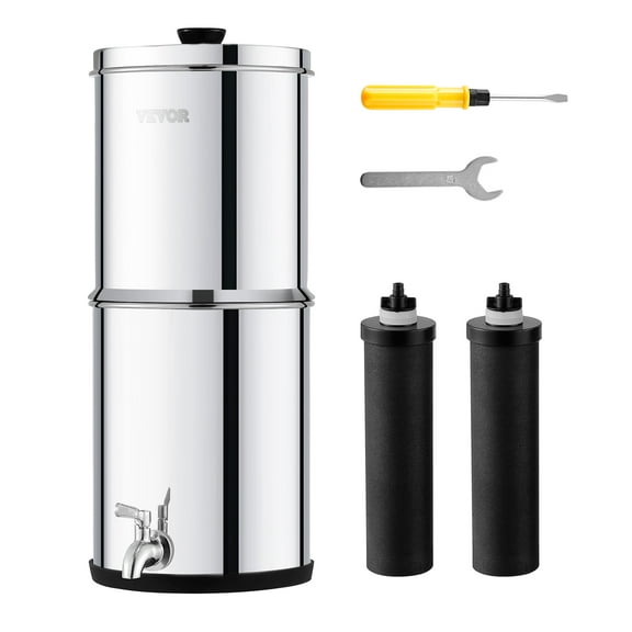 VEVOR Gravity-fed Water Filter System, 2.25G 304 Stainless-Steel Countertop System, Water Filtration System, Reduces Lead and up to 99% of Chlorine with 2 Carbon Filters & Spigot for Home Camping RV