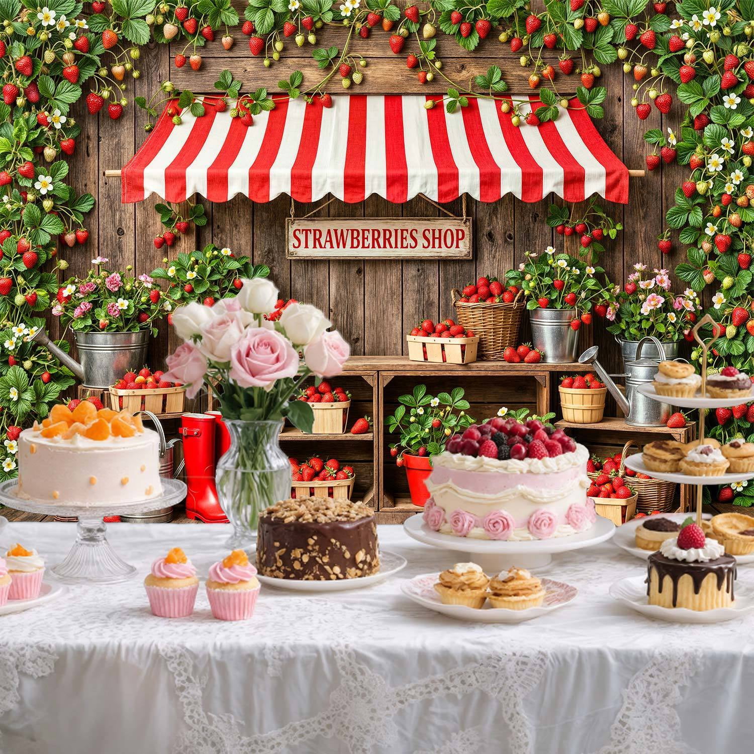 Strawberry Shop Photography Backdrop, Rustic Wooden Farm Stand Red Berry Floral Background for Kids Birthday Party Baby Shower Photo Booth Decorations Banner, 8x6ft
