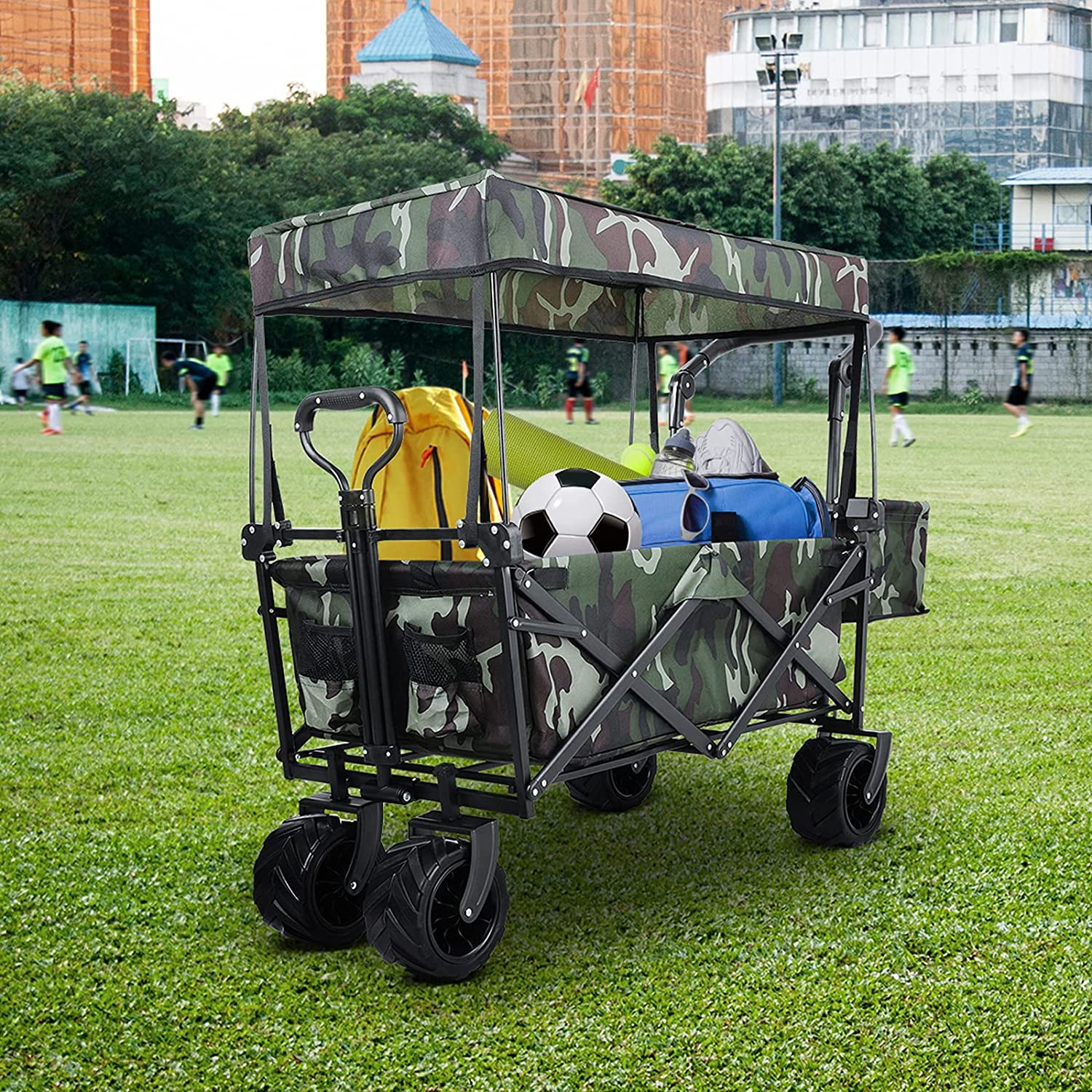 LAZY BUDDY Collapsible Utility Beach Wagon Cart with Removable Canopy  Folding Outdoor Camping Fishing Wagon, Push Pull Handle