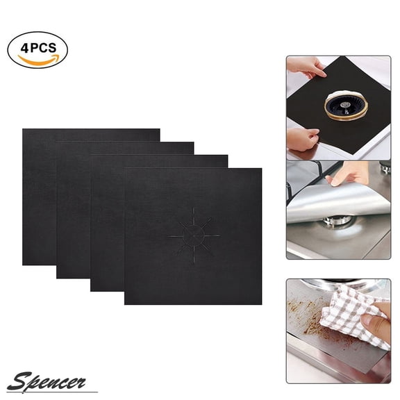 Spencer 4 Pack 10.6" Gas Range Protectors Reusable Non-stick Stove top Burner Cover Liners Easy Clean Dishwasher Safe for Kitchen (Black)