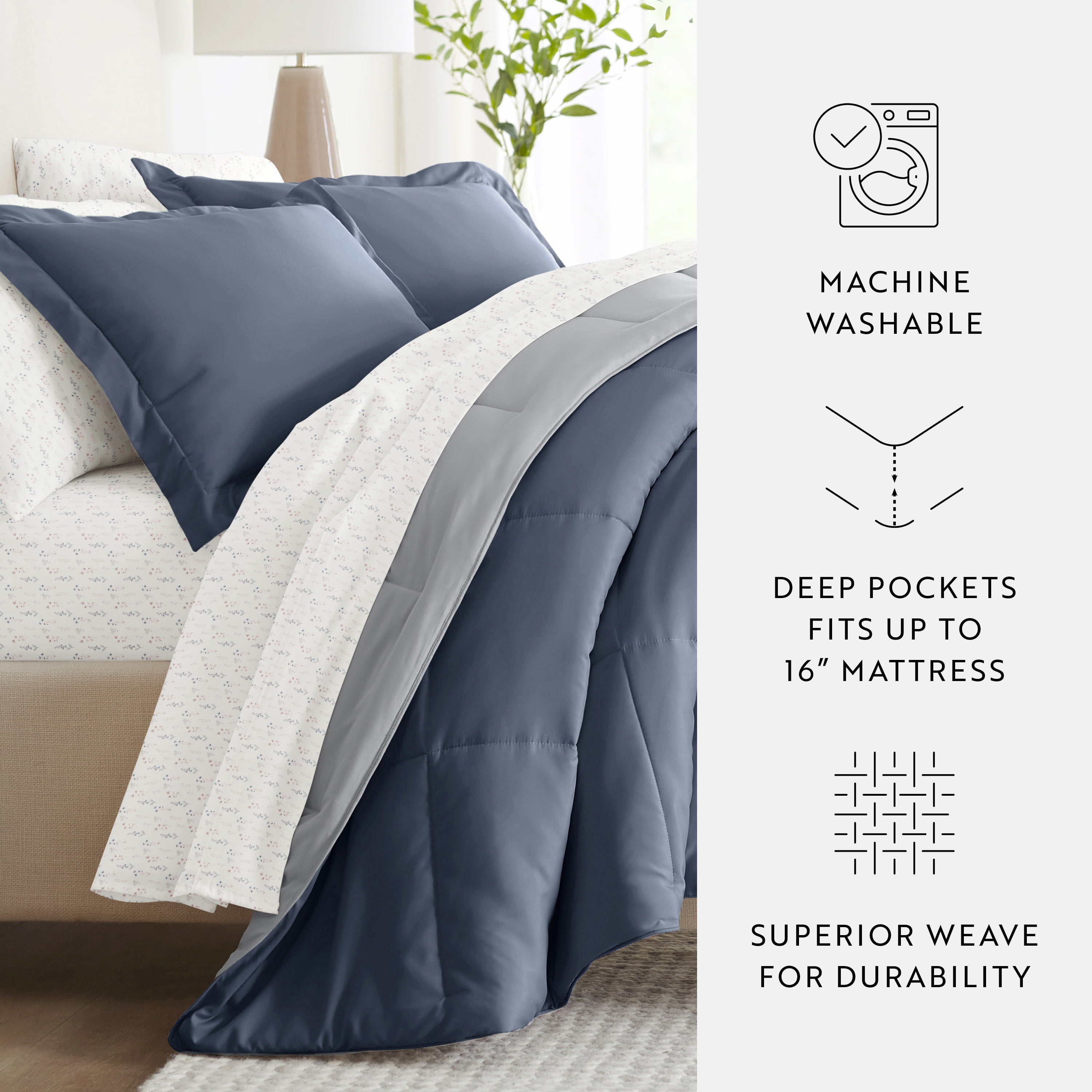 Noble Linens 7 Piece Bedding Bundle, Reversible Comforter and Patterned Sheet Set, Full