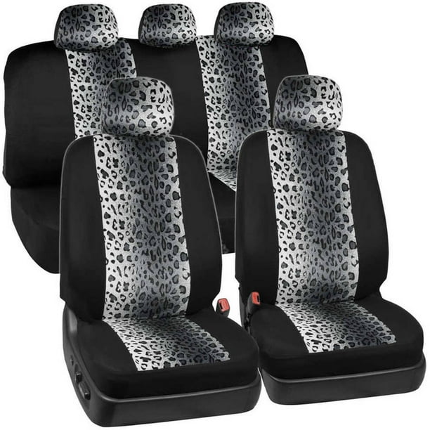 BDK Leopard Print Car Seat Covers Two Tone Zebra Accent on Black, 9pc