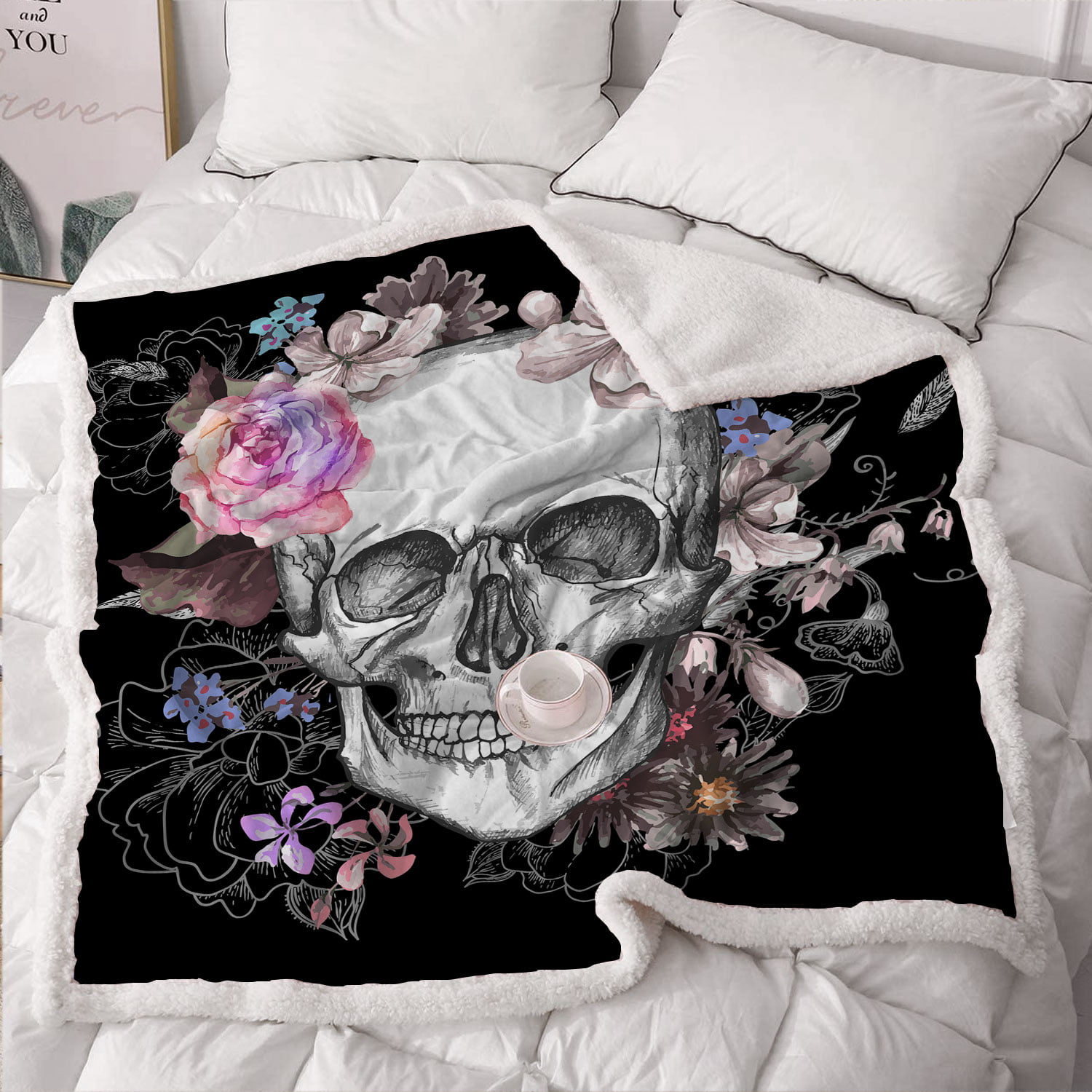 Pink Floral Sugar Skull Flower Blanket Flannel Throw Blanket for Couch Decorative Soft Fluffy Cozy Sofa Bed Bedroom 50X60 inch