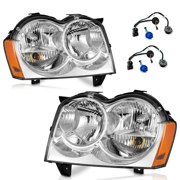 WEELMOTO Headlight for 2005 2006 2007 Jeep Grand Cherokee 4Dr, Headlights Assemblies Compatible with 05 06 07 Jeep Grand Assembly Pair wiring harness included