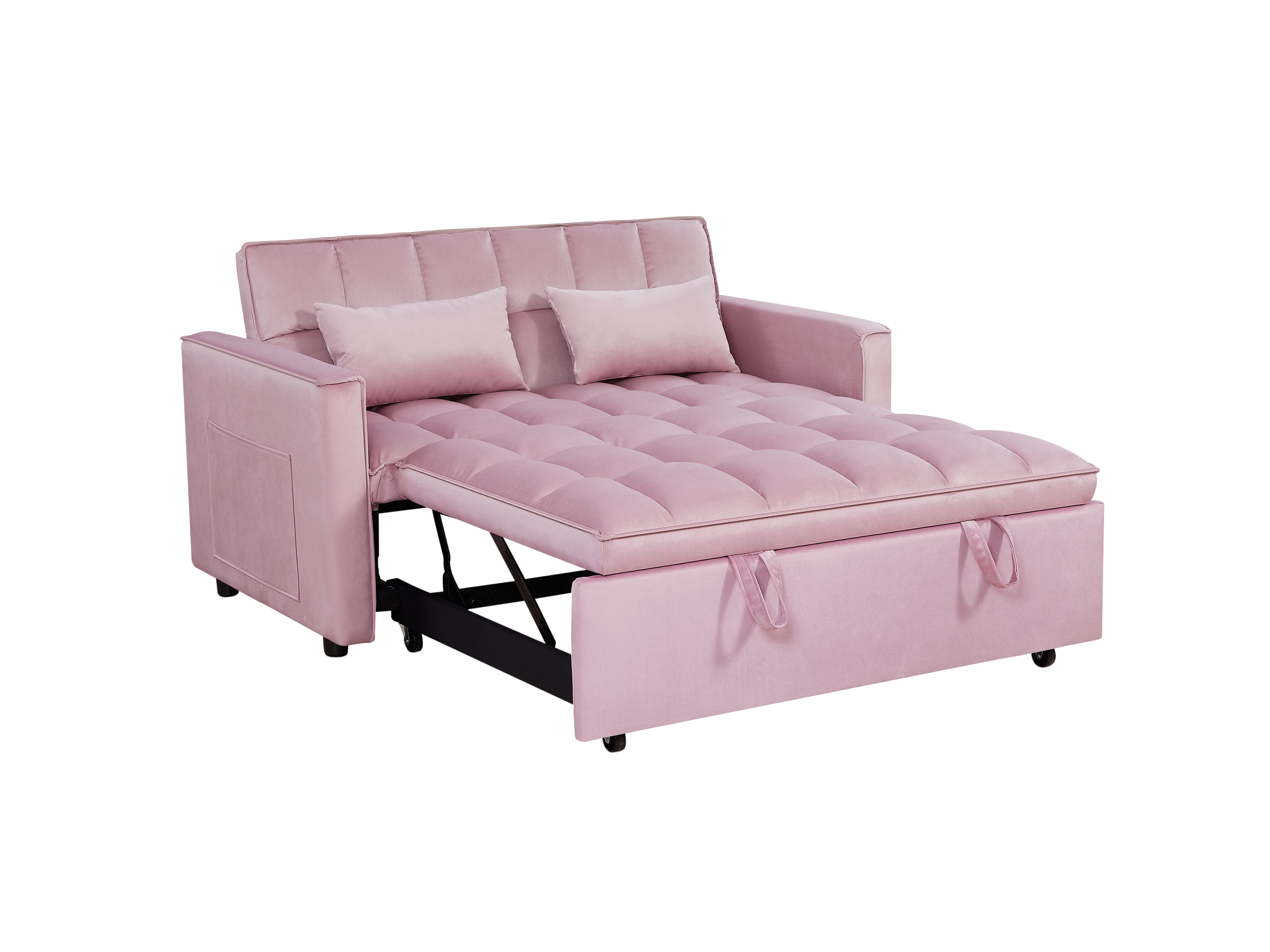 Gewnee 54"Sleeper Sofa Bed,Convertible Pull Out Couch with Adjustable Backrest and Side Pockets,Velvet Futon Loveseat Sofa Bed with 2 Pillows for Living Room,Apartment.Pink