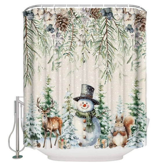 Fabric Shower Curtain, Christmas Winter Snowman Squirrel Deer Xmas Tree Berry Retro Bathroom Curtain with 12 Hooks Waterproof No Bad Odor Machine Washable Bath Curtains for Bathroom, 54"x78"