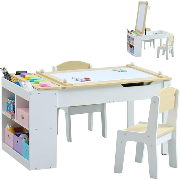 Kids Art Table Set with Chairs, 3-in-1 Kids Art Easel & Craft Desk for Coloring Drawing, Activity Table with 6 Paint Cups, 6 Storage Bins & Paper Roll Holder