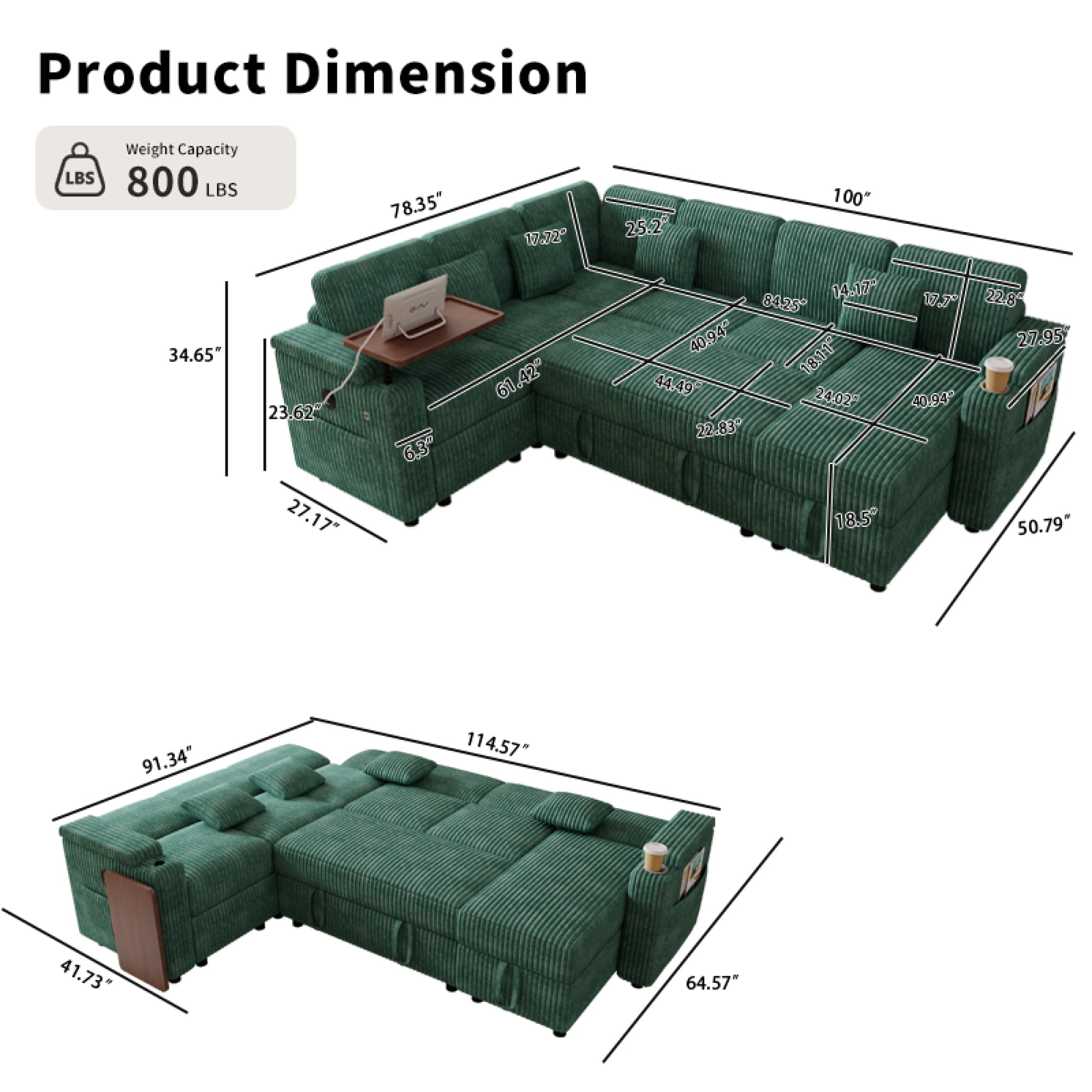 100" U-Shaped Sectional Sofa with Pull Out Bed, Storage Chaise and USB Port, Convertible Sleeper Sofa Bed Modular Sofa Couch with Laptop Table & Cup Holder for Living Room