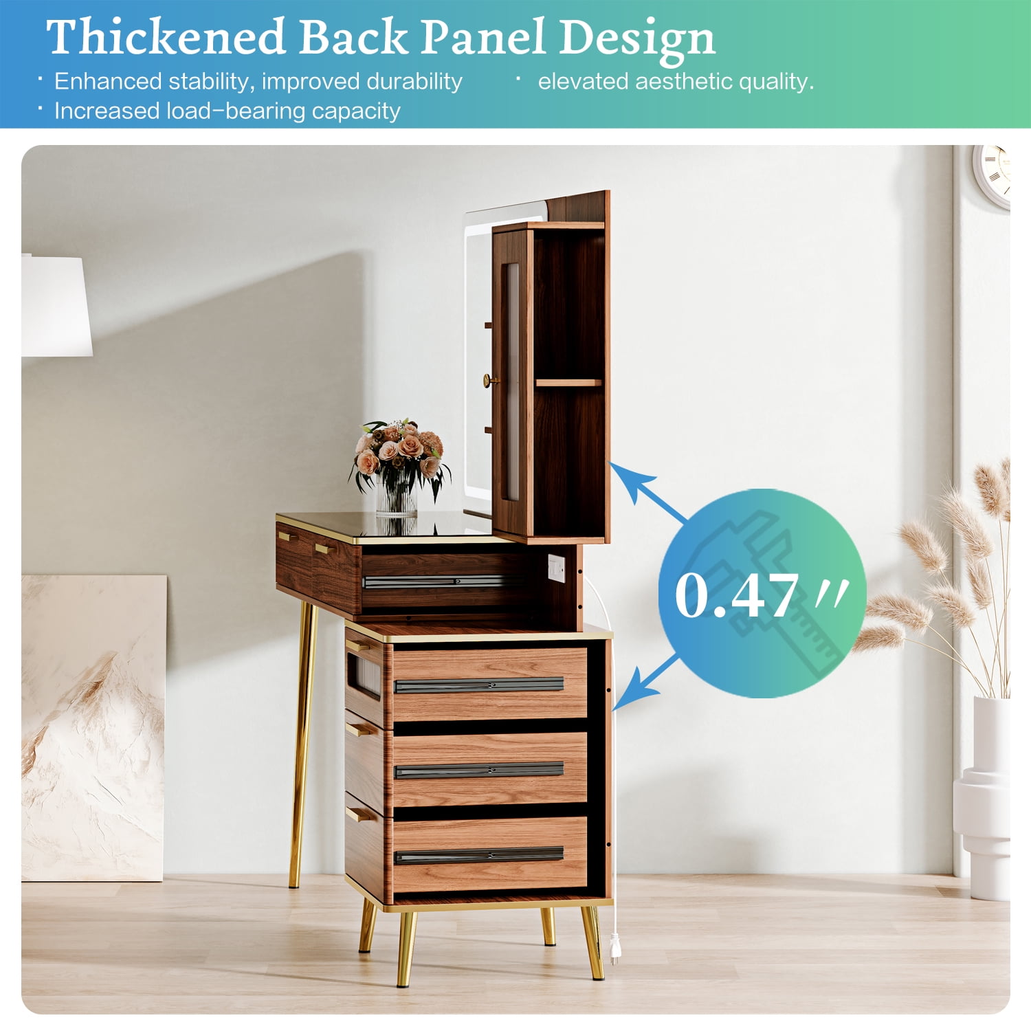 Arulvmrn Vanity Desk with 29.53" HD Lighted Mirror, 47.24" Big Modern Vanity Desk with Mirror and Lights, Makeup Vanity with 5 Drawers and Storage Shelves and Charging Station, Walnut