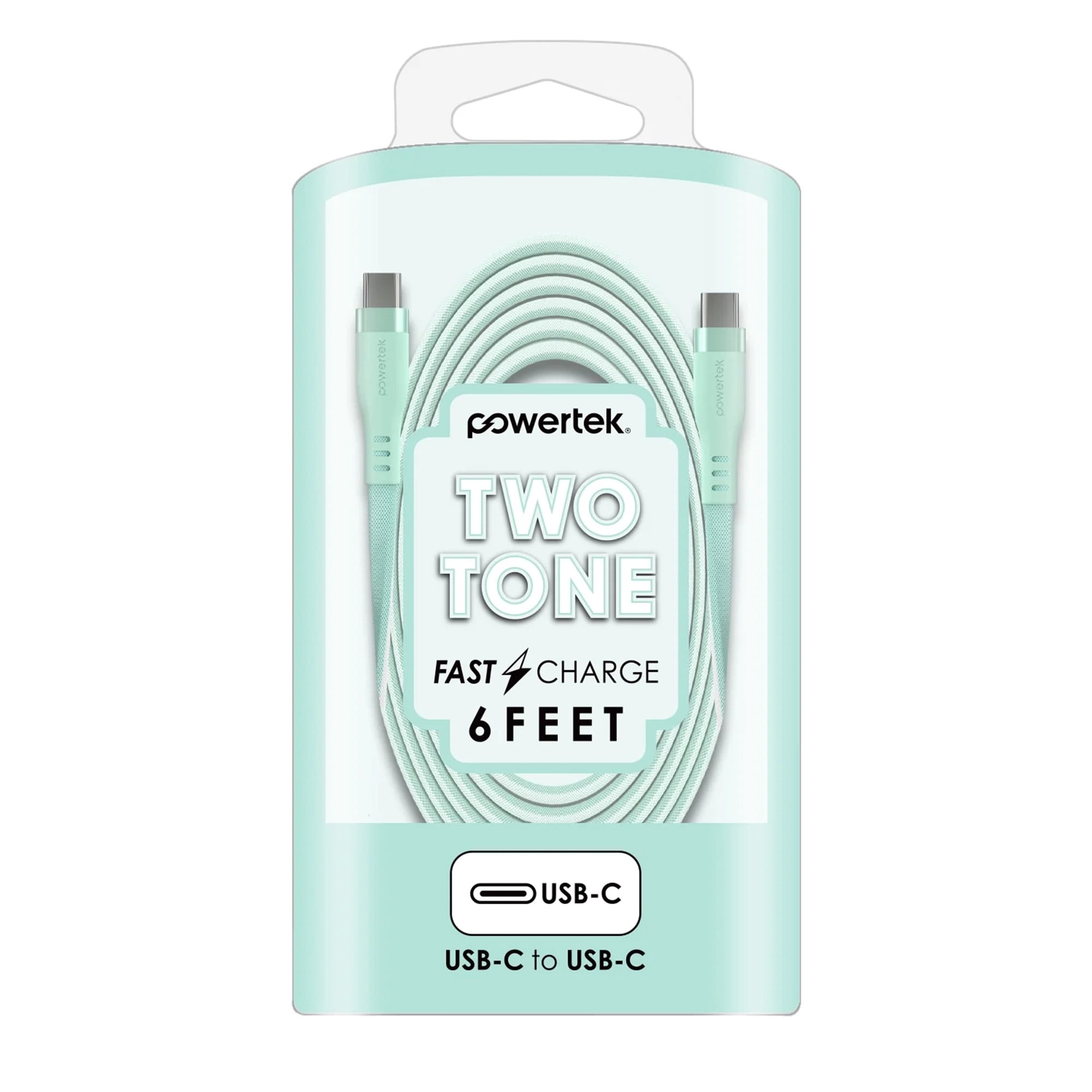 Powertek USB-C to USB-C Two-Tone Pastel Fast Charge Cable, 6 ft, Mint