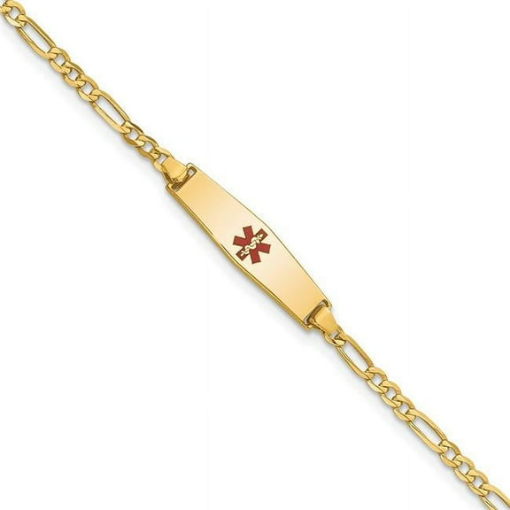 Primal Gold 14 Karat Yellow Gold Medical Soft Diamond Shape Red Enamel Figaro ID Bracelet