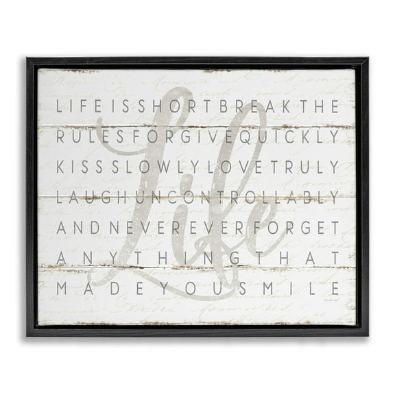 Stupell Industries Life Is Short Smile Grey on White Planked Look Jet Black Framed Floating Canvas Wall Art, 16x20, by Jennifer Pugh
