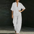 thumbnail image 3 of Two Piece Sets for Women Summer Casual Outfit Sets Fashion Stripes Printed V Neck Short Sleeve Topss and Wide Leg Double Pocket Pants Set Vacation Travel Outfits Fashion 2026, 3 of 6