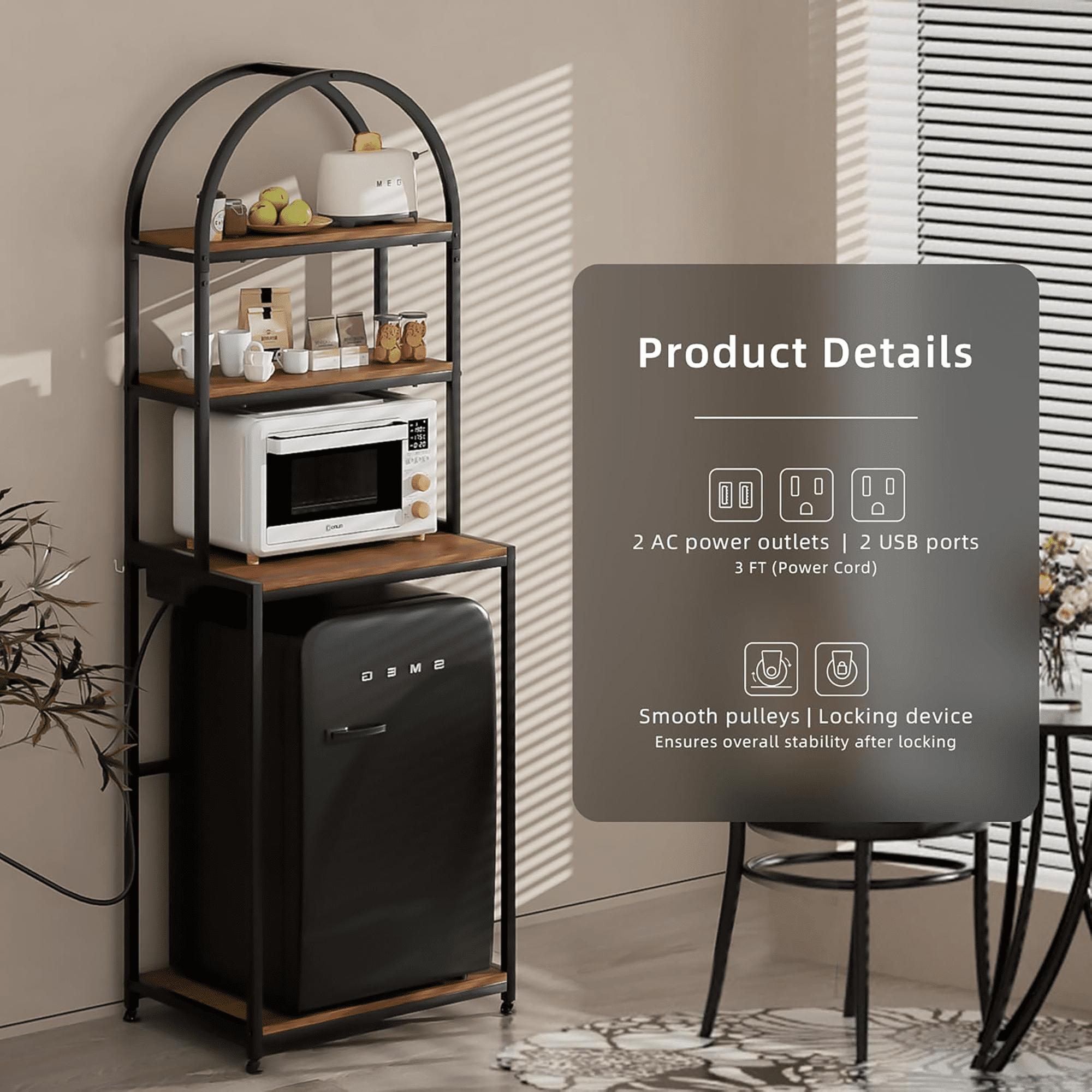 Fridge Stand with Power Outlet and Wheels, 4-Tier Mini Fridge Cabinet with Storage, Kitchen Storage Shelf Rack for Living Dining Room