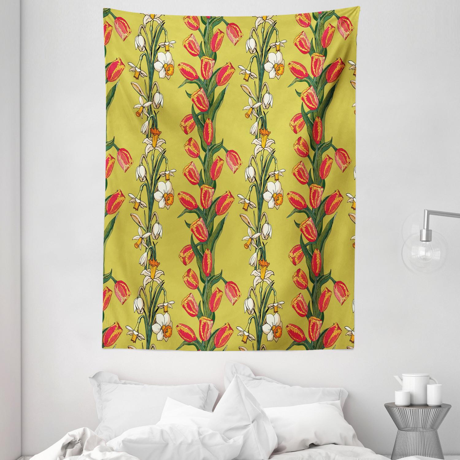Floral Tapestry, Vertical Strips of Tulips and Daffodils Leafy