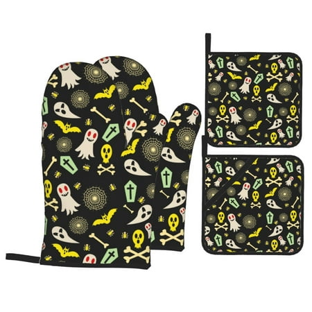 

Oven Mitts and Pot Holders Sets 4 pcs - cartoon Skull spider web Heat Resistant Silicone Oven Gloves with Non-Slip Silicone Surface and hot pads for kitchen Baking Cooking BBQ