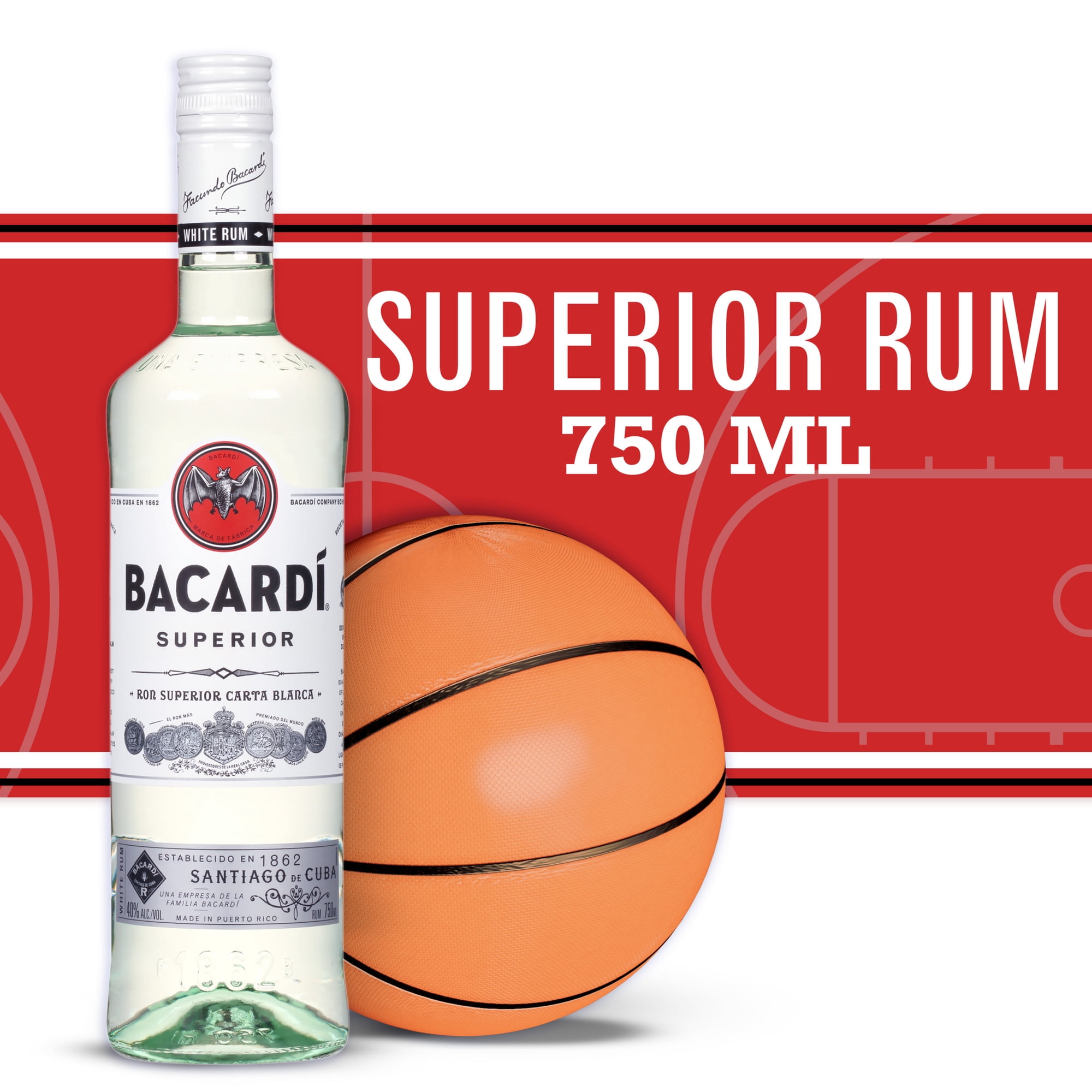 BACARDI Superior White Rum, Gluten Free, 750 mL Bottle, ABV 40%