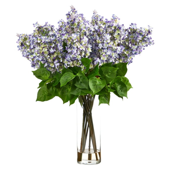 Nearly Natural 24in. Artificial Lilac Arrangement with Cylinder Glass Vase, Purple