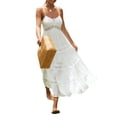 thumbnail image 5 of Gzhioc Women Summer Boho Dress, Sleeveless Hollow Solid Color Sling Spaghetti Straps Cake One Piece Skirt,White, 5 of 9
