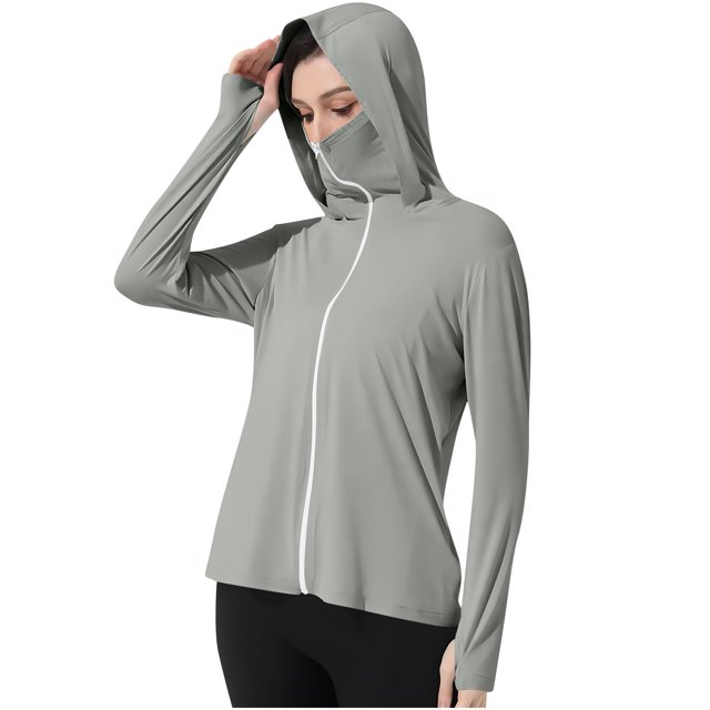 aohooy Veste de Protection Uv Femme Soleil Yoga Chandail à Capuchon Manches Longues à Fermeture Éclair Course Chandail à Capuchon Léger Extérieur Vestes Athlétiques Gris,m