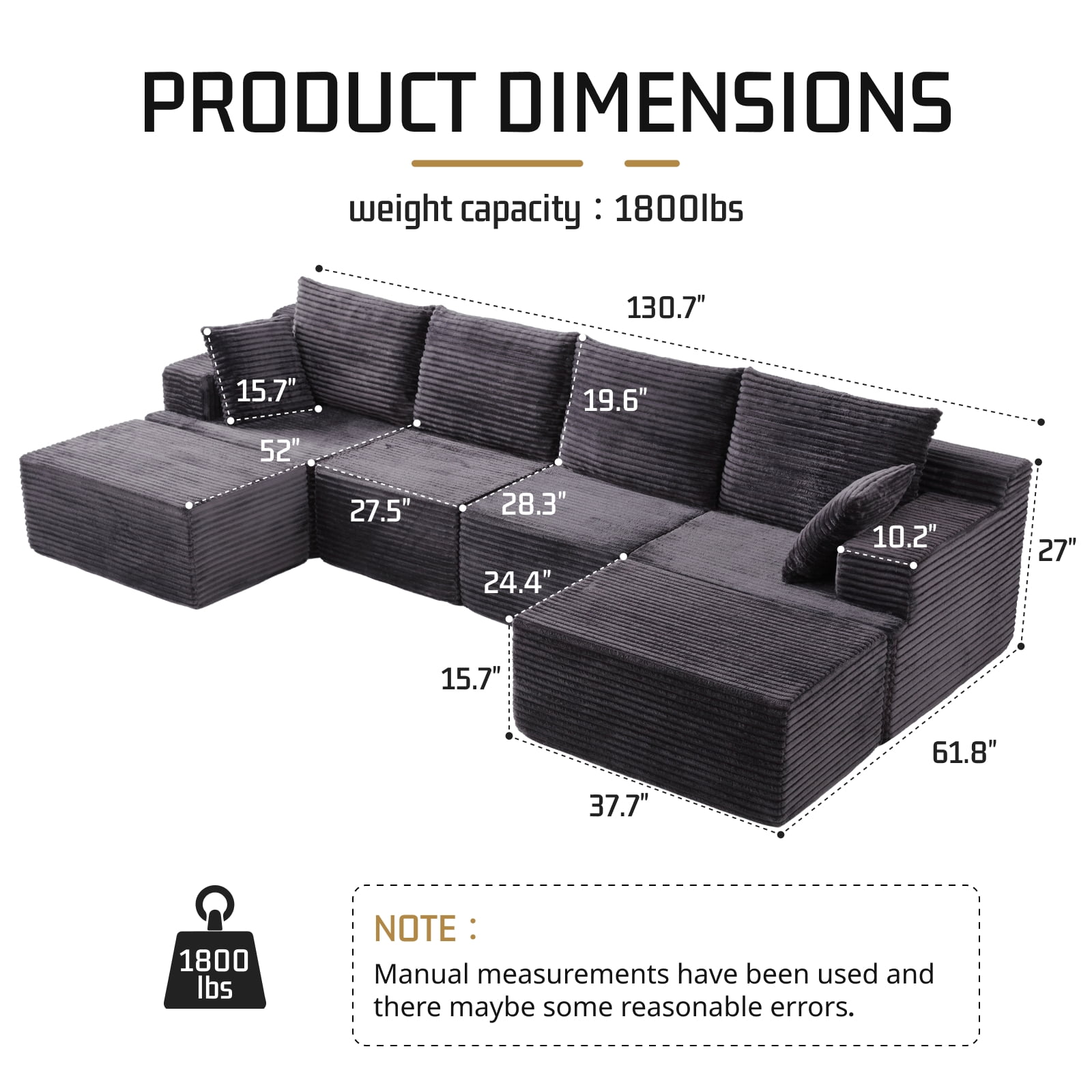 131" Oversized U Shaped Boneless Modular Sectional Sofa with 2 Ottoman and 6 Pillows