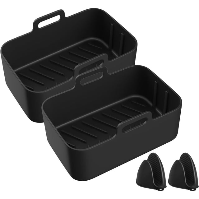 2 ollas de silicona para freidora de aire, forros de silicona reutilizables para freidora de aire, cesta rectangular para freidora de aire, accesorios para freidora de aire (2 unidades, negr